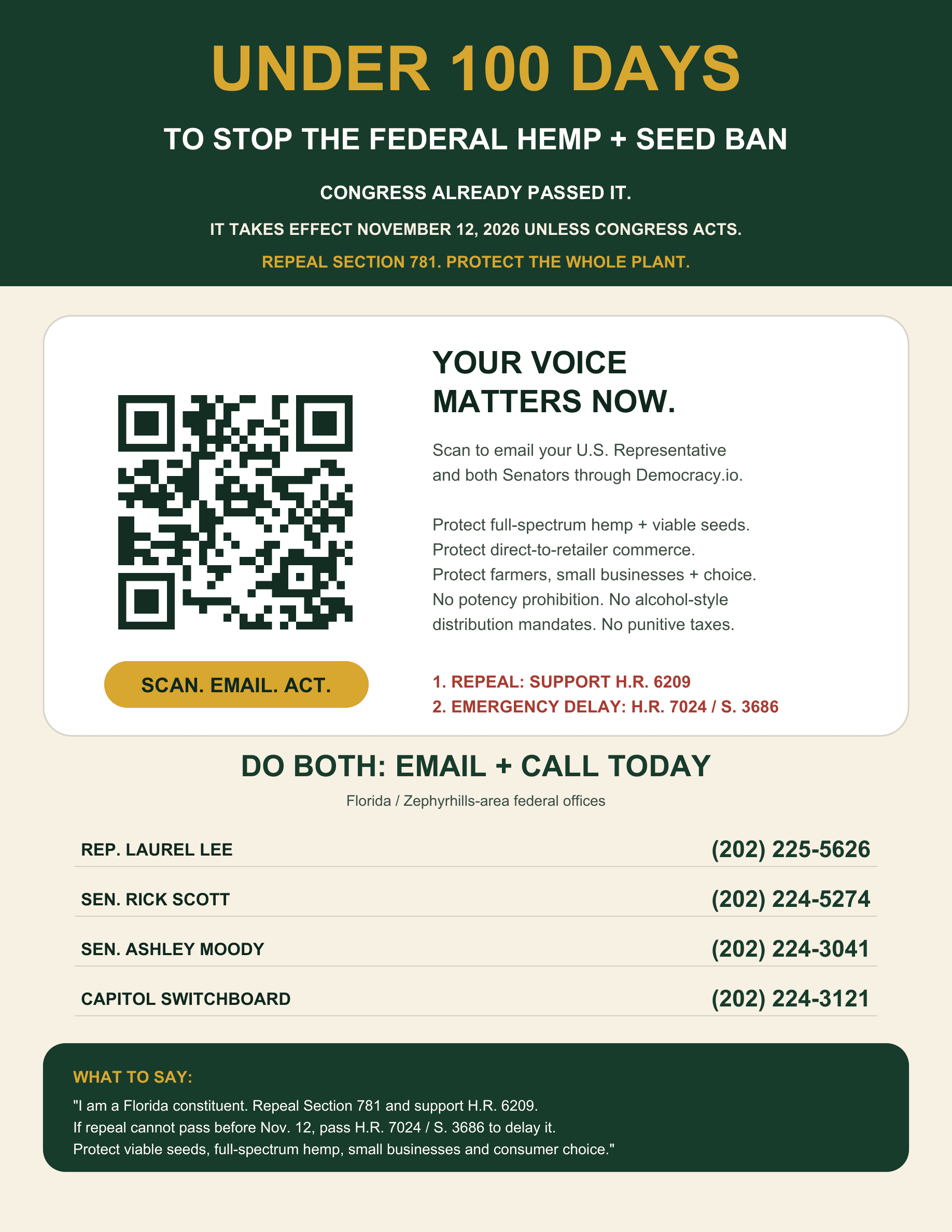 Stop the Federal Hemp and Seed Ban sign with QR code to email lawmakers