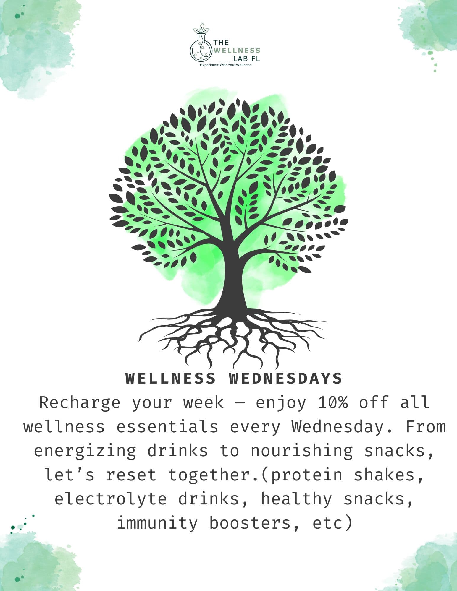 Wellness Wednesdays weekly special flyer